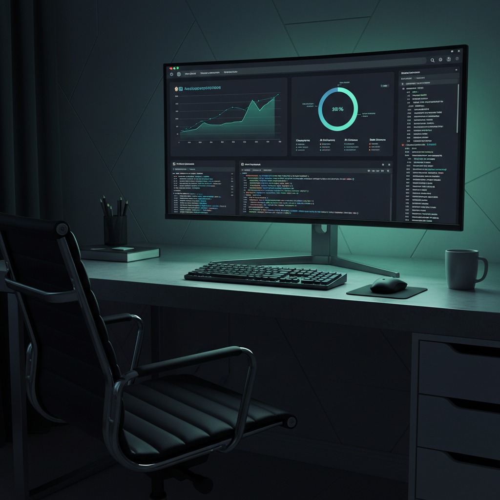 Een modern thuiskantoor verlicht in groen licht met een groot breedbeeldscherm vol grafieken op een bureau, een toetsenbord, een muis en een zwarte bureaustoel.