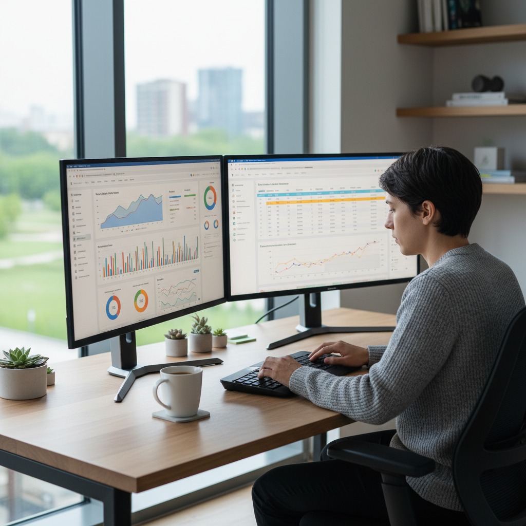 Een persoon werkt aan een bureau met twee grote beeldschermen vol grafieken en data, met uitzicht op een stad en park door het grote raam.